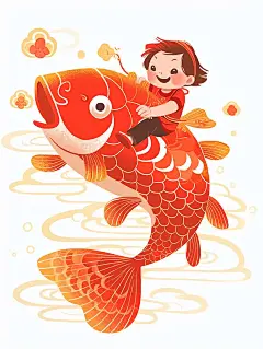 一个可爱的中国小男孩骑着一条大鲤鱼过年气氛海报