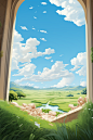 a window through which a green field appears on a white background, in the style of otherworldly illustrations, sky-blue and beige, immersive environments, playful cartoonish illustrations, illusionistic ceiling frescoes, daz3d, richly detailed background