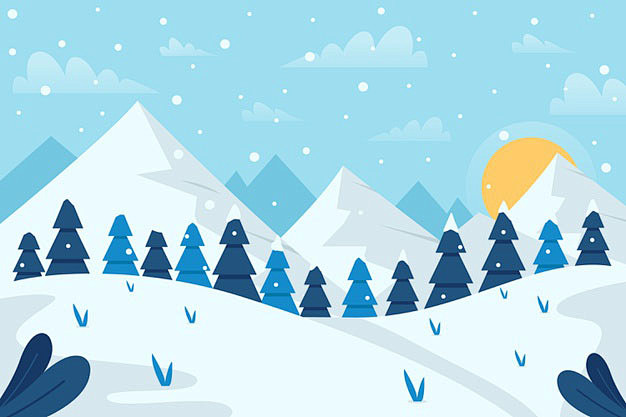 圣诞树森林和山与太阳风景插画