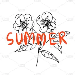 夏日手写字母卡片与花的背景。复古风格的手工涂鸦字母。手绘复古矢量印刷插图。