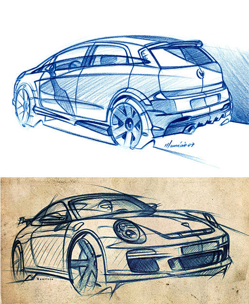 【蓝色彩铅】汽车设计 手绘草图 Blue...