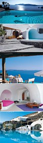 圣托里尼豪华泳池酒店——世界最具特色的酒店之一，位于希腊圣托里尼岛伊亚镇爱琴海边的悬崖上，酒店的房间是有着300年历史的洞穴翻修而成，共20间套房，这里拥有一个豪华的无边泳池，可直接俯瞰爱琴海的无限风光。想住的同学举个手！