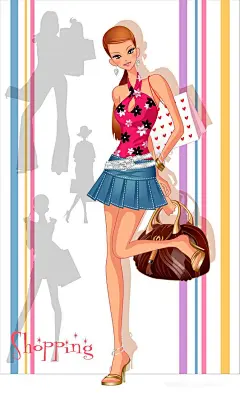 矢量卡通手绘时尚美女时装女人现代女模特时髦女郎购物手提袋