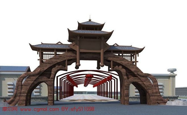 古建大门,度假山庄,景区3D模型
