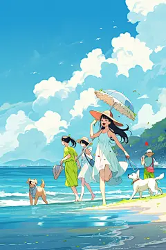 学生放暑假结伴手绘插画