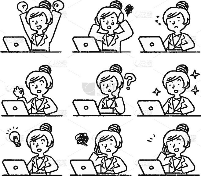 单色模拟风格的职业妇女插图和笔记本电脑