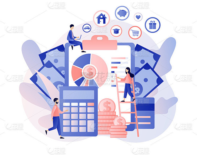 预算管理。个人的财务控制。金融知识。现金流。小矮人正在计划个人预算。现代平面卡通风格。矢量插图上的白