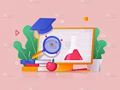 网上教育概念3D图解。通过在电脑屏幕上观看视频讲座、阅读书籍、完成教育课程来构思作文。现代网页设计的