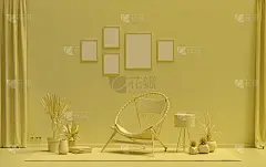 平面颜色的室内空间海报展示，墙上有5个框架，单色淡黄色画廊墙上有家具和植物。三维渲染