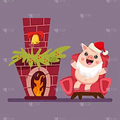 滑稽的小猪角色戴着圣诞老人的帽子和胡子坐在壁炉旁边的椅子上。矢量卡通圣诞插图孤立的背景。2019年中