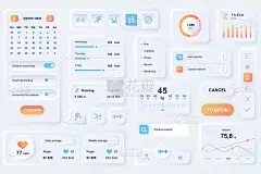 健身移动应用的用户界面元素。独特的neumorphic设计UI, UX, GUI, KIT元素模板。