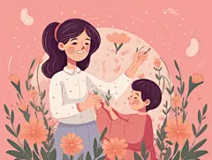 卡通手绘教师节插画学生向老师献花插画海报鲜花感谢师恩教育温馨