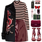 A fashion look from March 2018 featuring pink striped sweater, embroidered wool coat and petite red skirt. Browse and shop related looks.