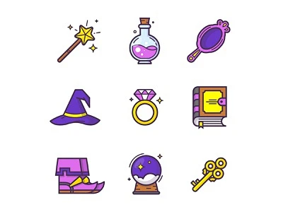 Magic icons wizard items set witch witchcraft drink book design vector ...