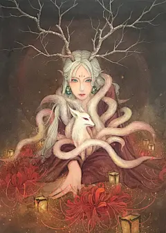 古风原创插画，古风美女插画，彼岸花，九尾狐，水彩手绘