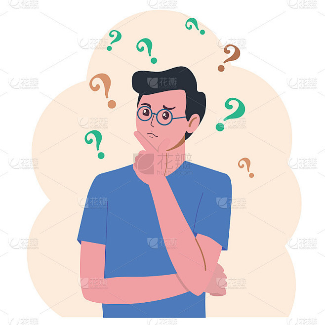 年轻男女的肖像。带着问号的男孩在思考泡泡。思考或解决问题的人。困境向量平面卡通概念插图。