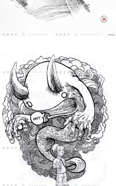 黑白手绘稿动漫针管笔装饰画临摹参考线稿涂鸦绘画插画素材图片