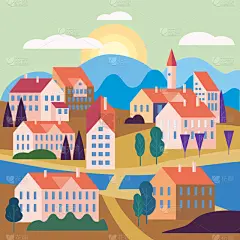 几何形状,绘画插图,矢量,极简构图,山,建筑外部,都市风景,树
