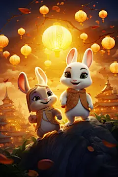 古风可爱中国传统中秋节兔子月饼插画