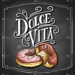 Dolce vita手绘字母在黑色黑板的背景，意大利短语甜蜜的生活，与素描甜甜圈。