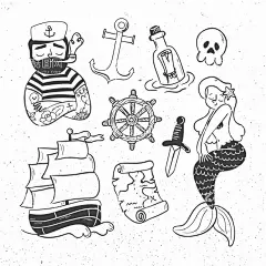 海洋元素  - 源文件下载【酷图网】海洋元素,海洋相关,大海元素,海盗,美人鱼,海洋生物,海洋卡通元素,水彩手绘,海洋贴图,