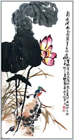 荷塘翠鸟 136x70（组图）——张世简，叔父是中国著名的水墨画家和美术教育家张振铎先生，堂兄张书旗教授是中国近代著名的花鸟画大师。中央文史馆馆员，中国美术家协会会员，中央工艺美术学院教授。