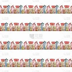 无缝水彩图案与可爱的小房子。五彩缤纷的城市。手绘插图。纺织品，壁纸和包装的设计