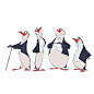 This may contain: three penguins are dressed in black and white with red beaks, one is holding a cane