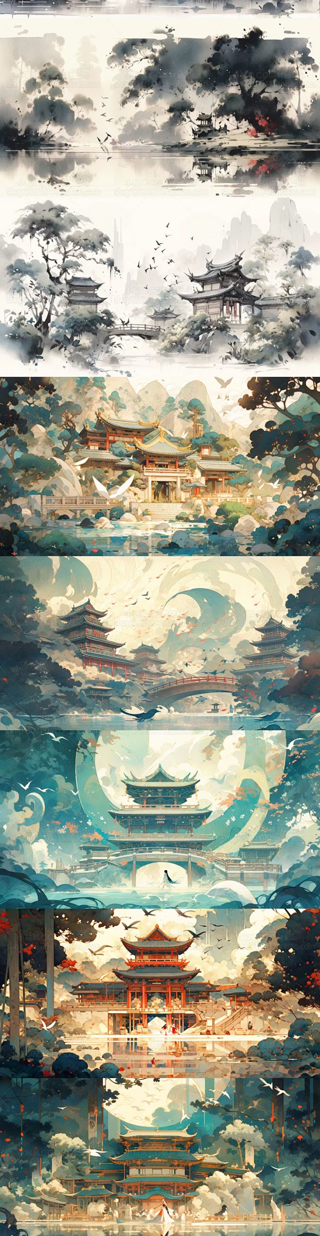 古风场景插画图集 AI国风水墨背景图片素材 影视游戏场景概念设计-淘宝网-花瓣网