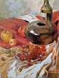 优秀静物水粉画作品临摹图片_《酒瓶、葡萄、苹果、红衬布组合》(1)
