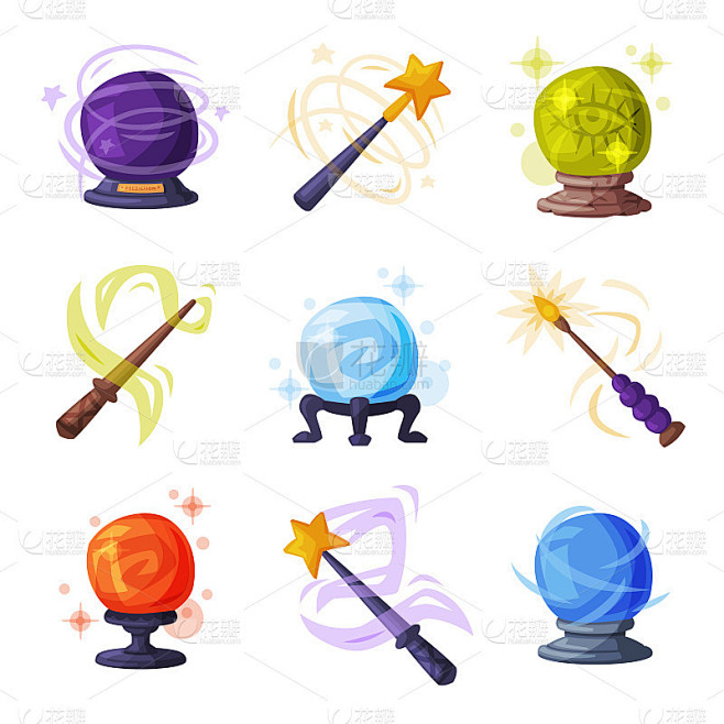 魔法棒和球与闪亮的火花设置，神秘仪式的神...