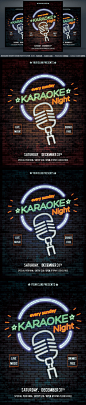 Karaoke Night Neon Party Flyer 卡拉OK夜间霓虹舞会派对海报模板下载[psd]