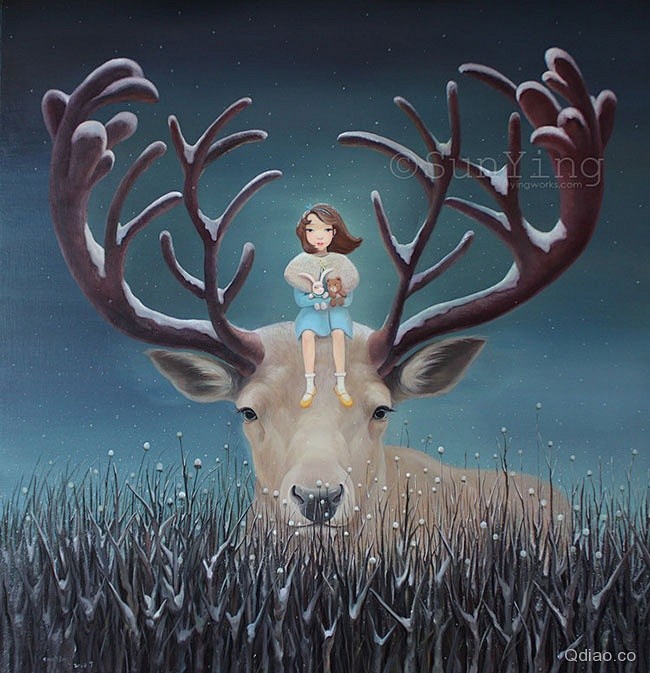 孙莹插画作品油画可爱动物女生