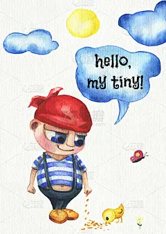 一个可爱的小男孩，看起来像个海盗。他喂小鸡。也有云和太阳。