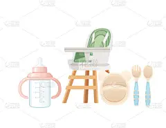 一套在白色背景下隔离的婴儿保育椅、奶瓶和餐具病媒图解.