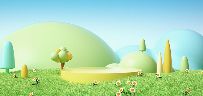 千库网_春季草地植物展台c4d背景图_背...