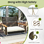 Amazon.com: HAPPYGRILL Rattan Porch Swing, Patio Wicker Single Hanging Seat w/Seat Cushion & Acacia Wood Armrests, 2 Hanging Hemp Ropes, Heavy-Duty Metal Frame, Outdoor Swing Chair for Backyard, Front Porch : Patio, Lawn & Garden
