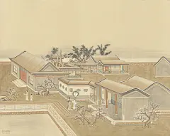 中式 复古 古建筑 房子 美女 人物 效果图 壁画 壁纸 墙画 背景墙 电视背景 床头背景 卧室 酒店