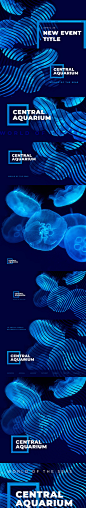 时尚高端抽象动感梦幻蓝色海洋水族馆水母社交媒体海报banner背景底纹纹理工具包
