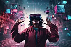 虚拟空间赛博朋克几何VR眼镜人物插画图片