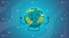 可爱的地球人物坐莲花姿势卡通吉祥物地球人物拯救星球冥想概念水平