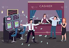 赌场平面颜色矢量插图。在机会游戏中获胜的人。老虎机会扔现金奖励。冠军庆祝。内部为赌徒2D卡通人物，背