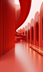 Red corridor in red sandstone space, in the style of industrial and product design, orange and gold, octane render, carl kleiner, festive atmosphere, rollerwave, white and red