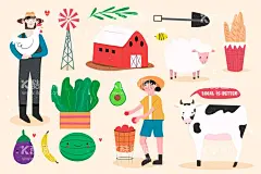 农场农夫插画  - 源文件下载【酷图网】农夫插画,农民插画,卡通农夫,卡通农民,农场,农场元素,奶牛,卡通奶牛,卡通农场,绵羊,绵羊插画