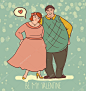 Cute cartoon couple for valentine's day, doodle fat happy people, vector illustration