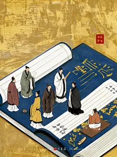 春秋战国不但是礼崩乐坏诸侯争霸的时代，更是百家争鸣的时代。 咒语：古风，平铺打开的一本巨大的古书籍，书籍占满画面，迷你小人儿孔子手持竹简与di~子们在书上论道，或坐或站，di~子颜回弹古琴，水墨，金箔岩彩，道德经背景，简约ji~简风格。 #即梦AI #国风山水#国风插画#古风插画#岩彩#水墨#书籍封面#诗词#节日海报#海报设计#PS修图#包装#概念海报#剧本杀海报#短剧#版画#文具#小说#网文#小说封面#即梦AI@艺术薯 @国风薯 @画画薯 @手工薯 - 小红书