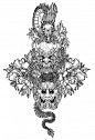 中国龙纹身花纹图形黑白线稿插画矢量图
