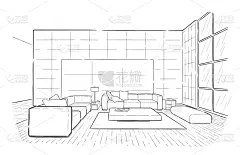 室内,草图,起居室,插画,建筑师,轮廓,白色,黑色,部分,绘制