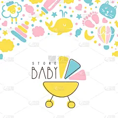 婴儿商店横幅模板，儿童产品和配件传单，小册子，书封面，海报，我的邀请，可爱的孩子无缝模式矢量插图