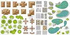 一组建筑和景观元素的顶部视图.收集房屋、花园植物、树木、池塘、户外家具、人行道砖、桌子、长椅、景观设
